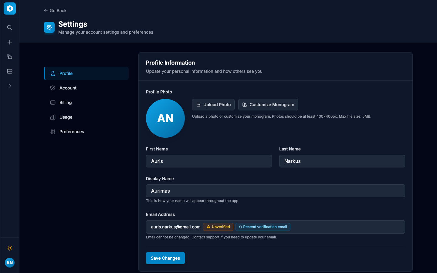 Account settings page with profile information, avatar, and connected accounts