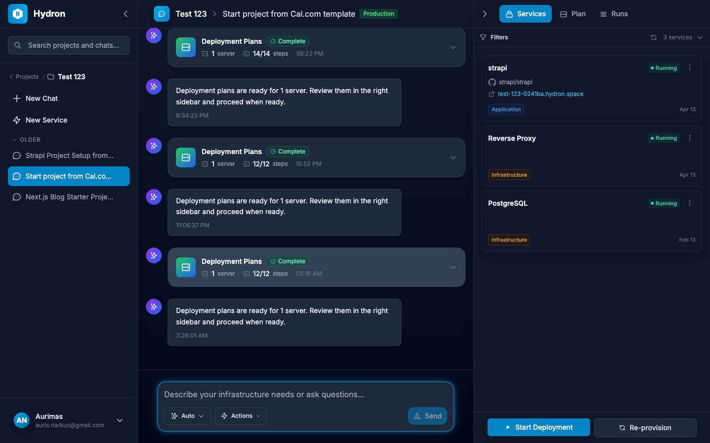 The Hydron interface showing projects, chats, and services working together