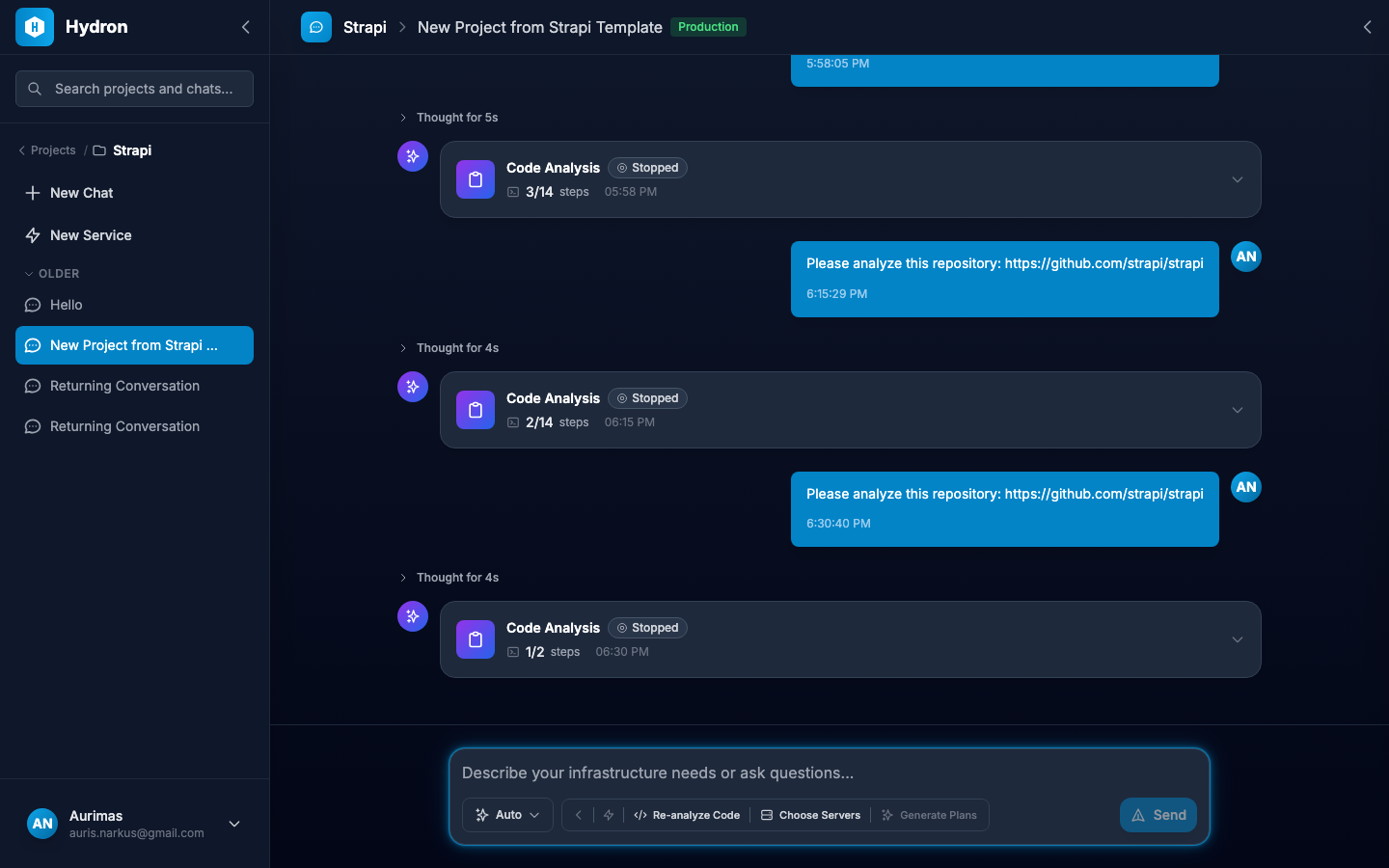 The AI performing code analysis with results streaming in real-time