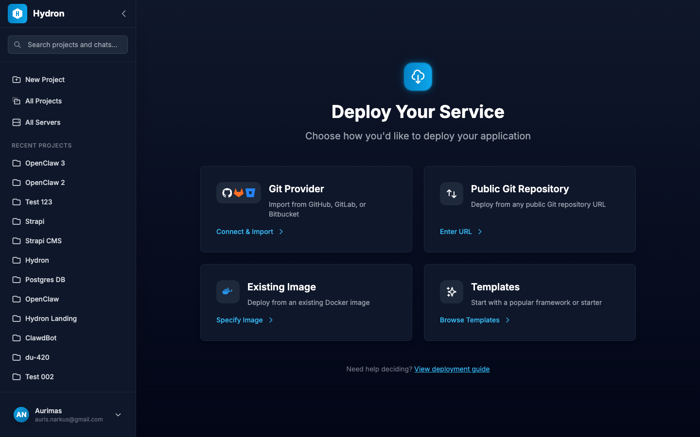 The deployment source selection screen with Docker image option