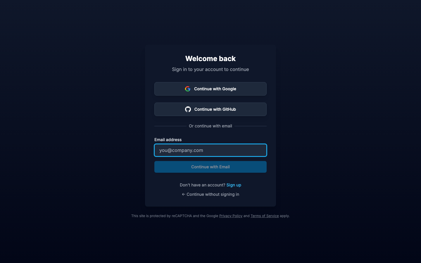 The login page with OAuth providers and email login