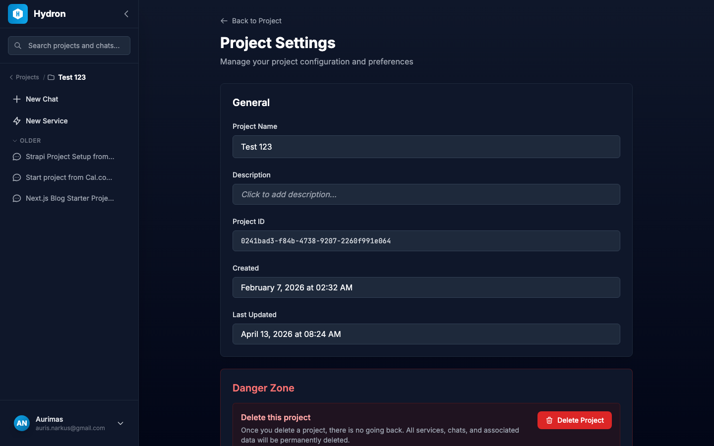 Project settings page with name, description, and configuration options