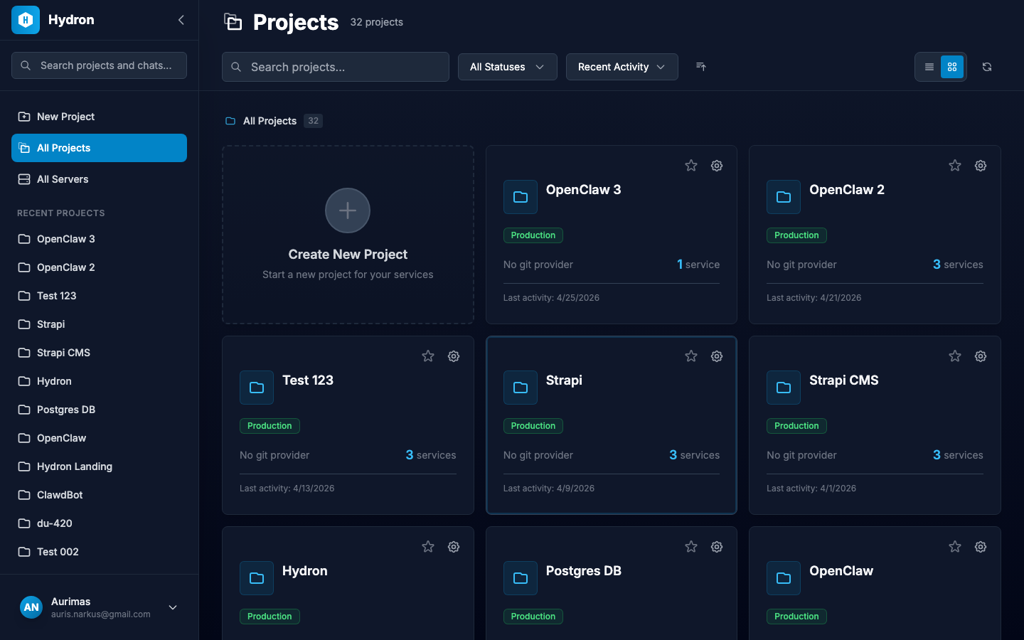 The Projects dashboard with project cards organized in a grid