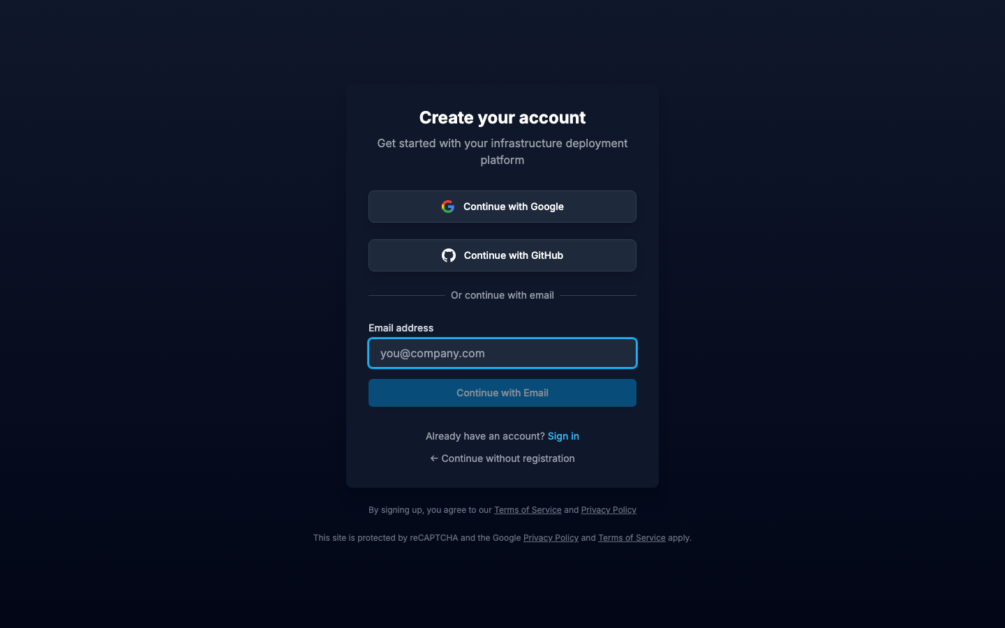 The registration page with email, password, and OAuth options
