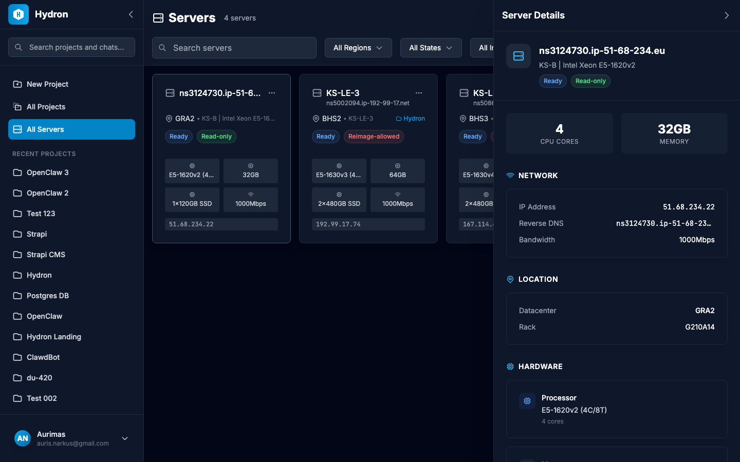 Server details sidebar showing specs, network, location, and hardware info