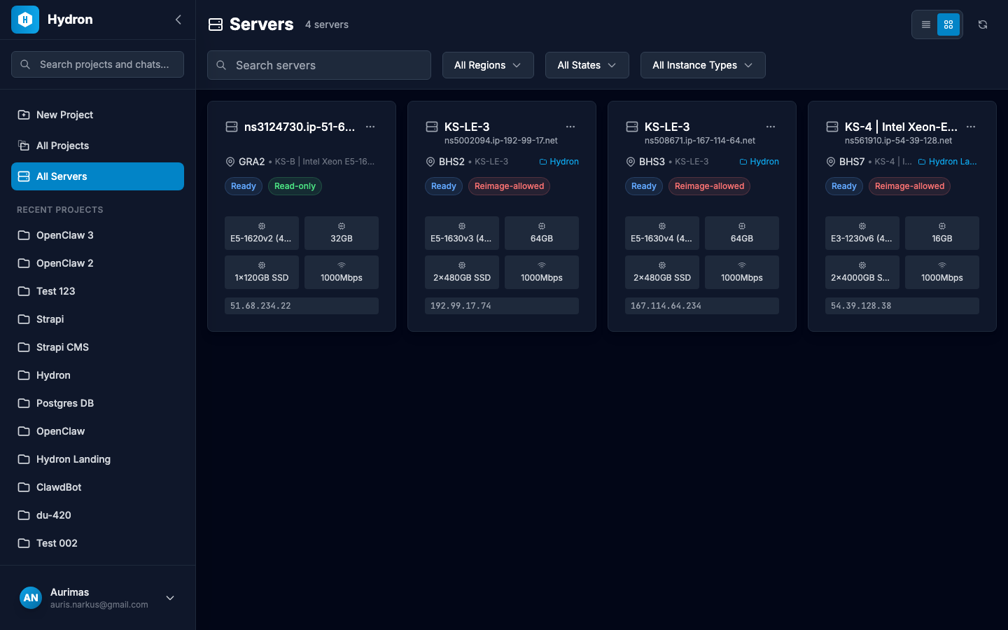 The Server Inventory showing dedicated servers with their specifications
